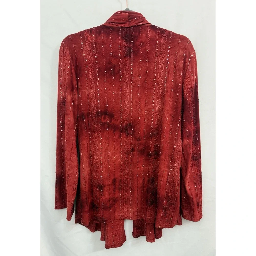 VTG Only Nine Red Tie Dye Sequin‎ Embroidered Flowy Open Cardigan Size 2X Boho